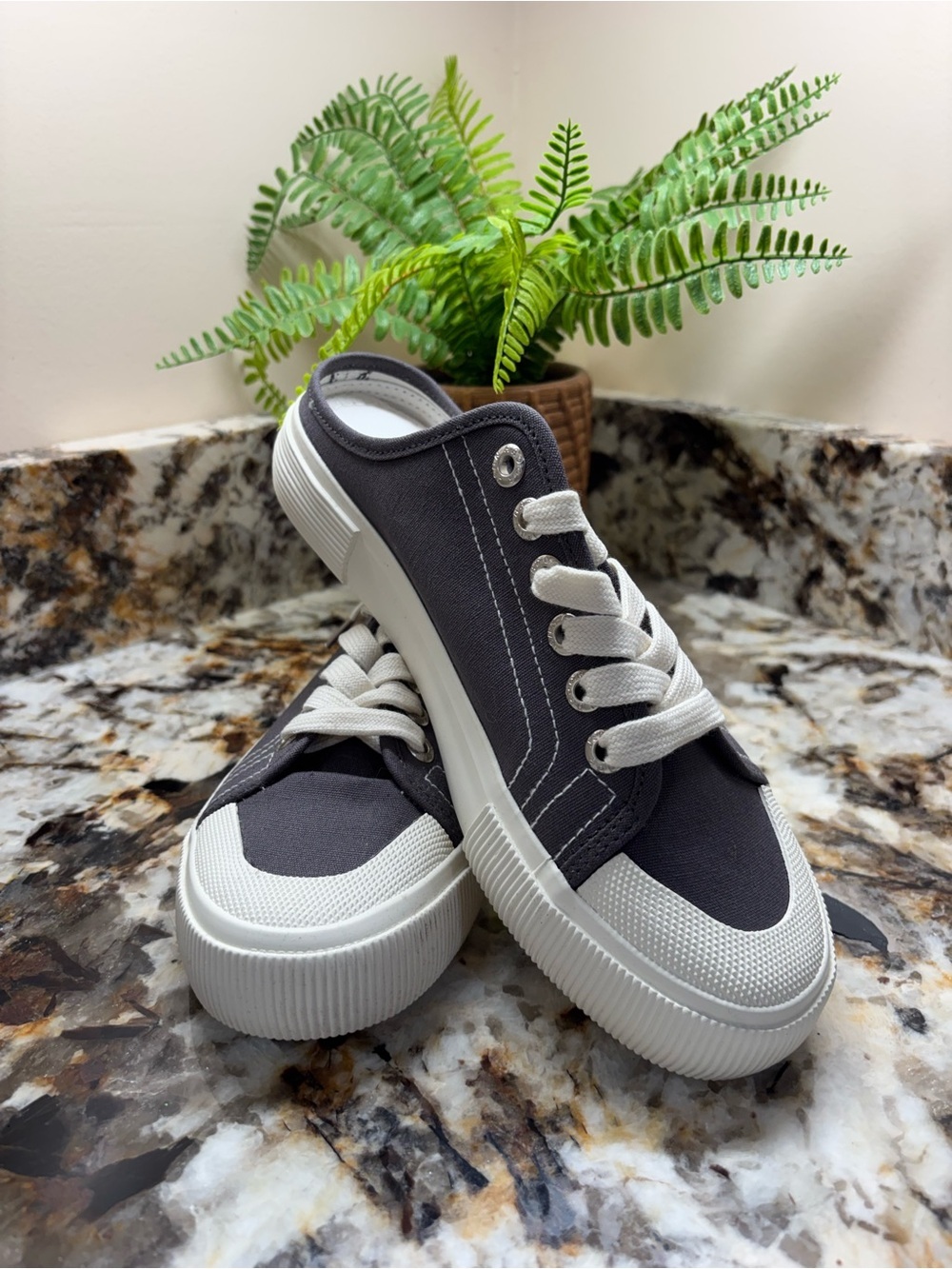 Jenn Ardor Gray/ blue Canvas Slip-On Sneakers with White Trim